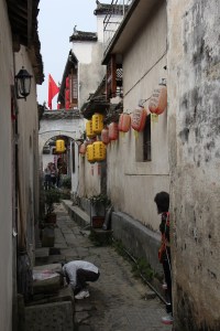 Hongcun's alleyways wind along the stream that runs through it.