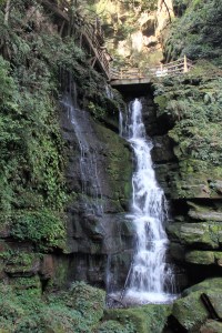 The Bifengxia path climbs past some thundering waterfalls.